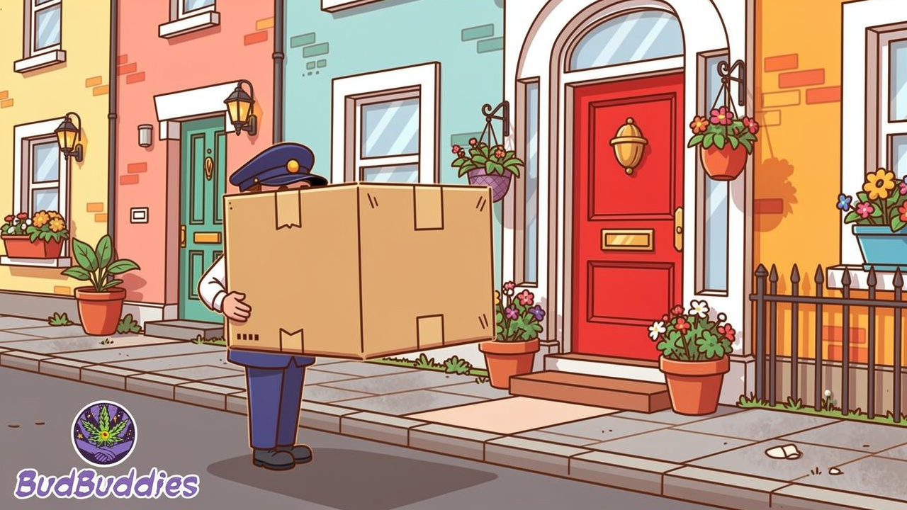 Cartoon plain parcel delivered discreetly to student house doorstep