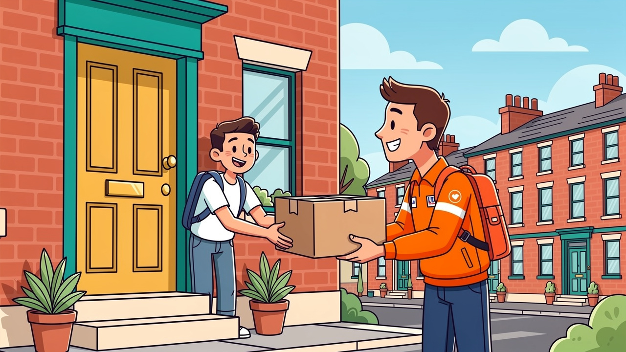 Cartoon of discreet parcel delivery to a UK student house