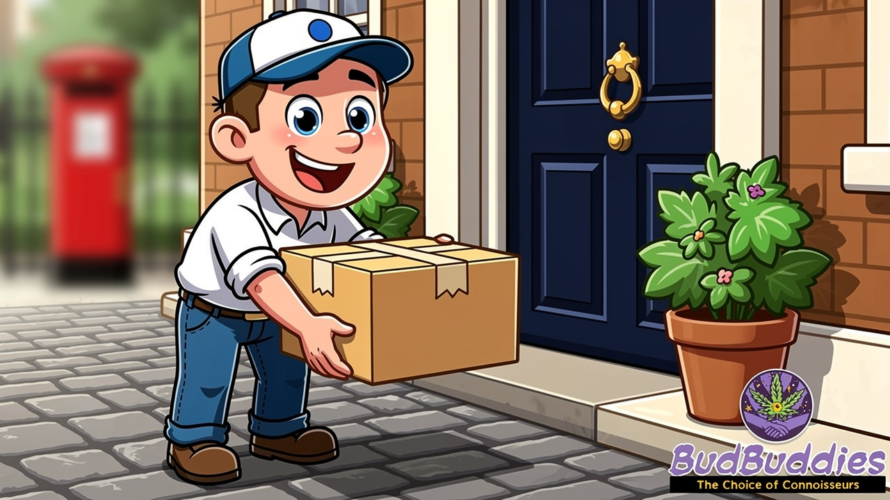 Cartoon delivery worker placing discreet parcel on doorstep