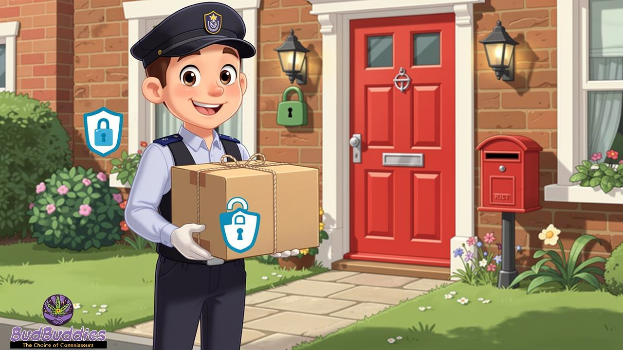 Cartoon delivery character with discreet plain package at UK door