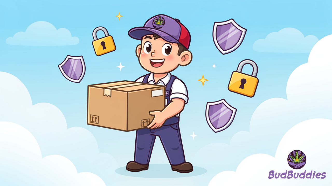 Cartoon delivery character with plain parcel and privacy shield icons