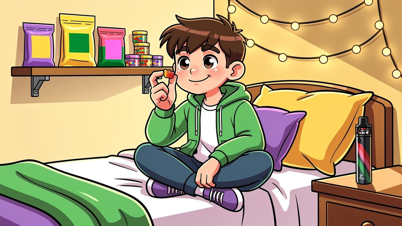 Cartoon student enjoying edible in tidy colourful dorm room