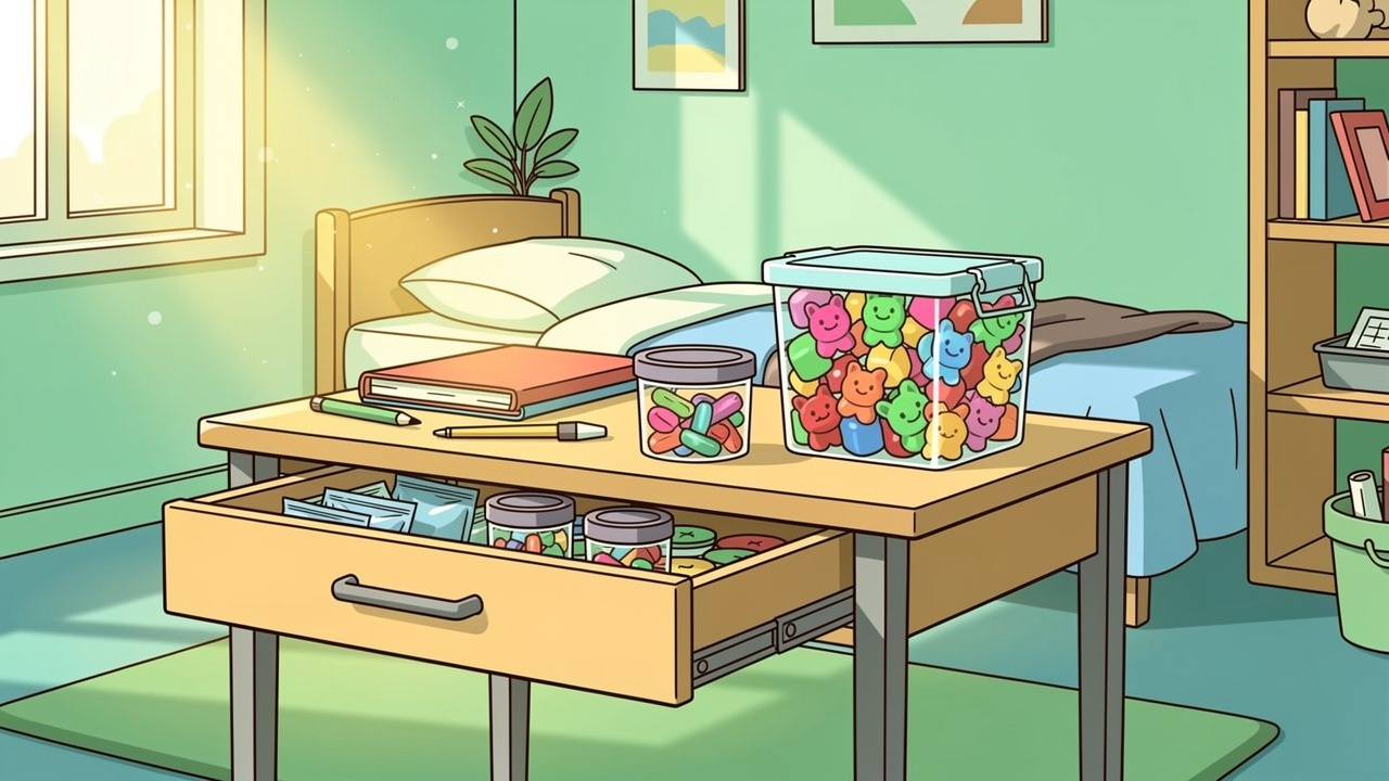 Cartoon of discreet cannabis product storage in a student room