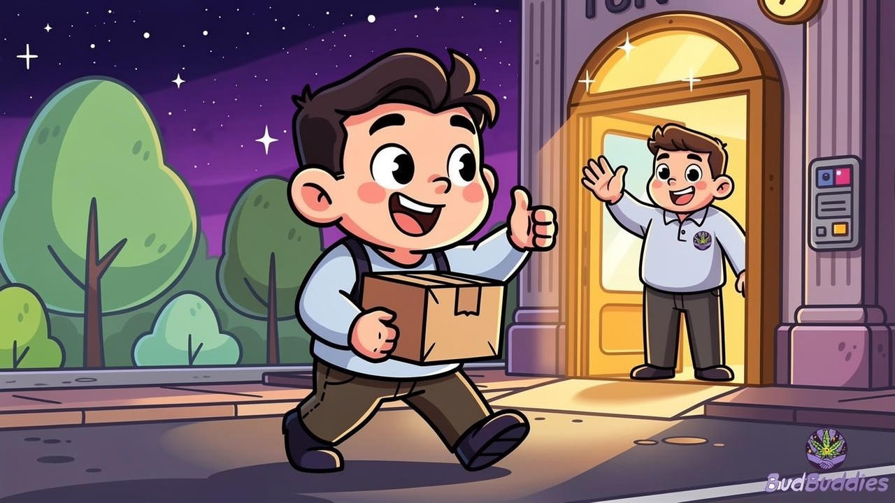 Happy cartoon character walking away with discreet plain parcel