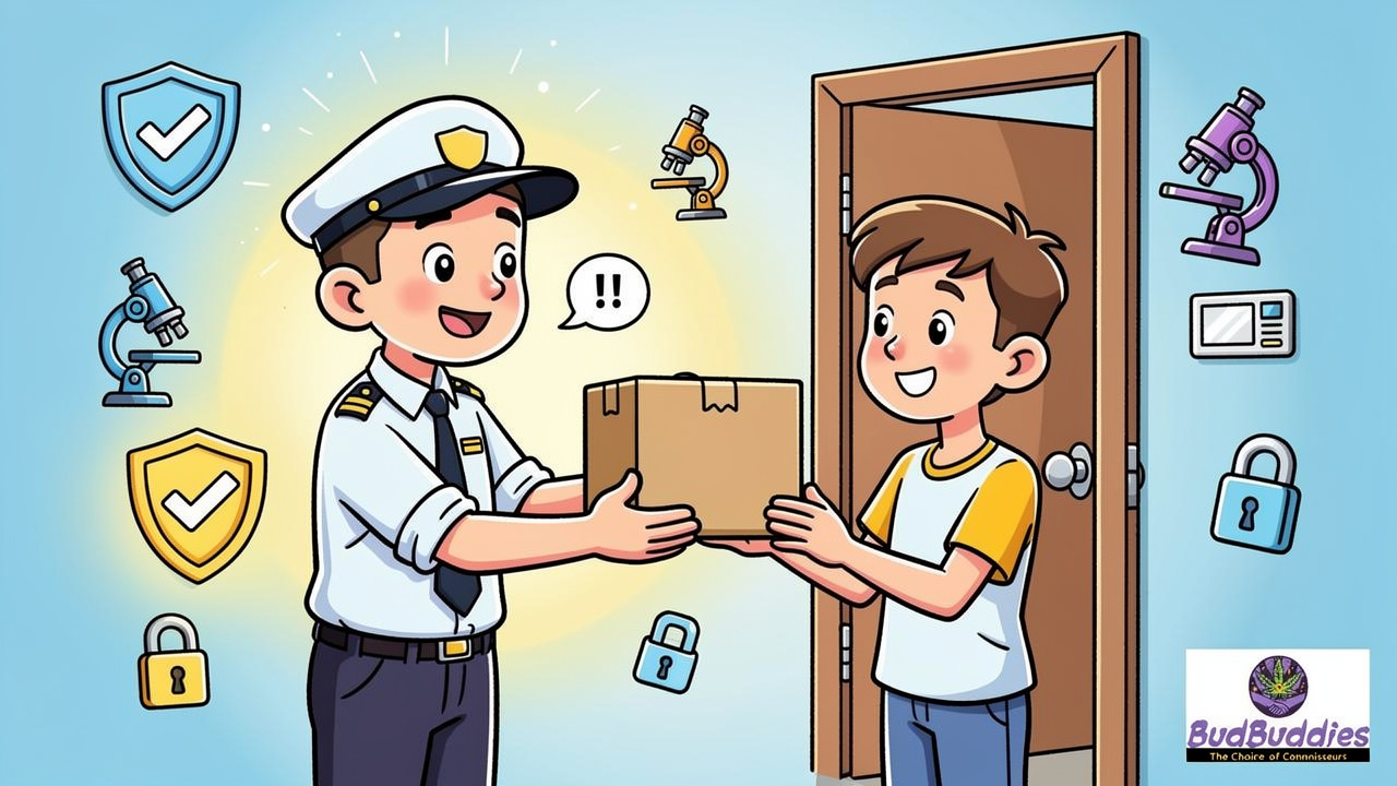 Cartoon discreet parcel delivery with lab quality badge