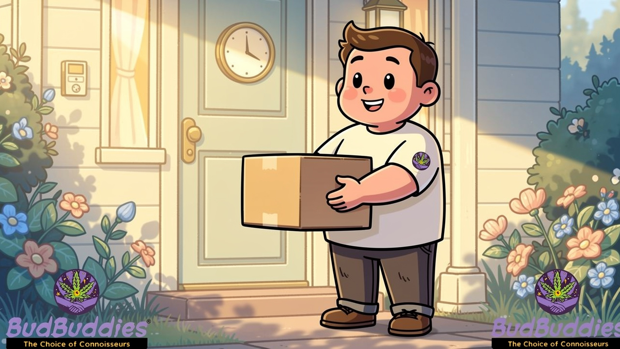Cartoon courier delivering an unmarked, discreet package at a residential doorstep