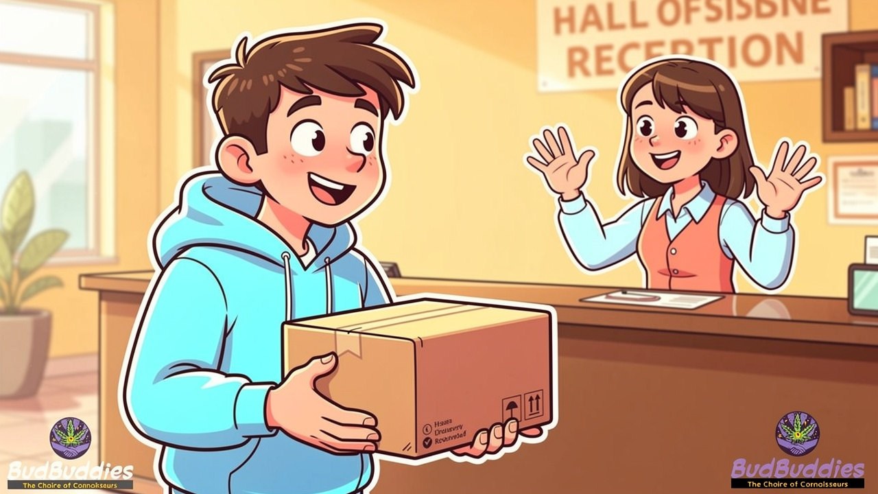 Cartoon student collecting a plain discreet delivery parcel
