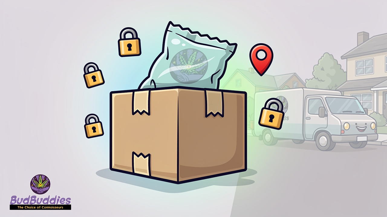 Cartoon discreet cannabis delivery box with privacy padlock icons