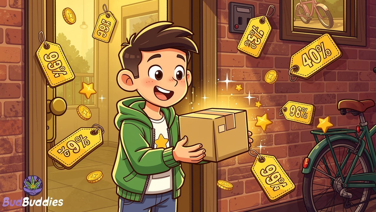 Cartoon student receiving discreet plain parcel at front door