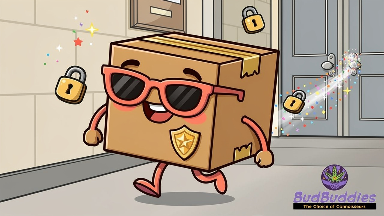 Cartoon discreet delivery parcel sneaking through university halls