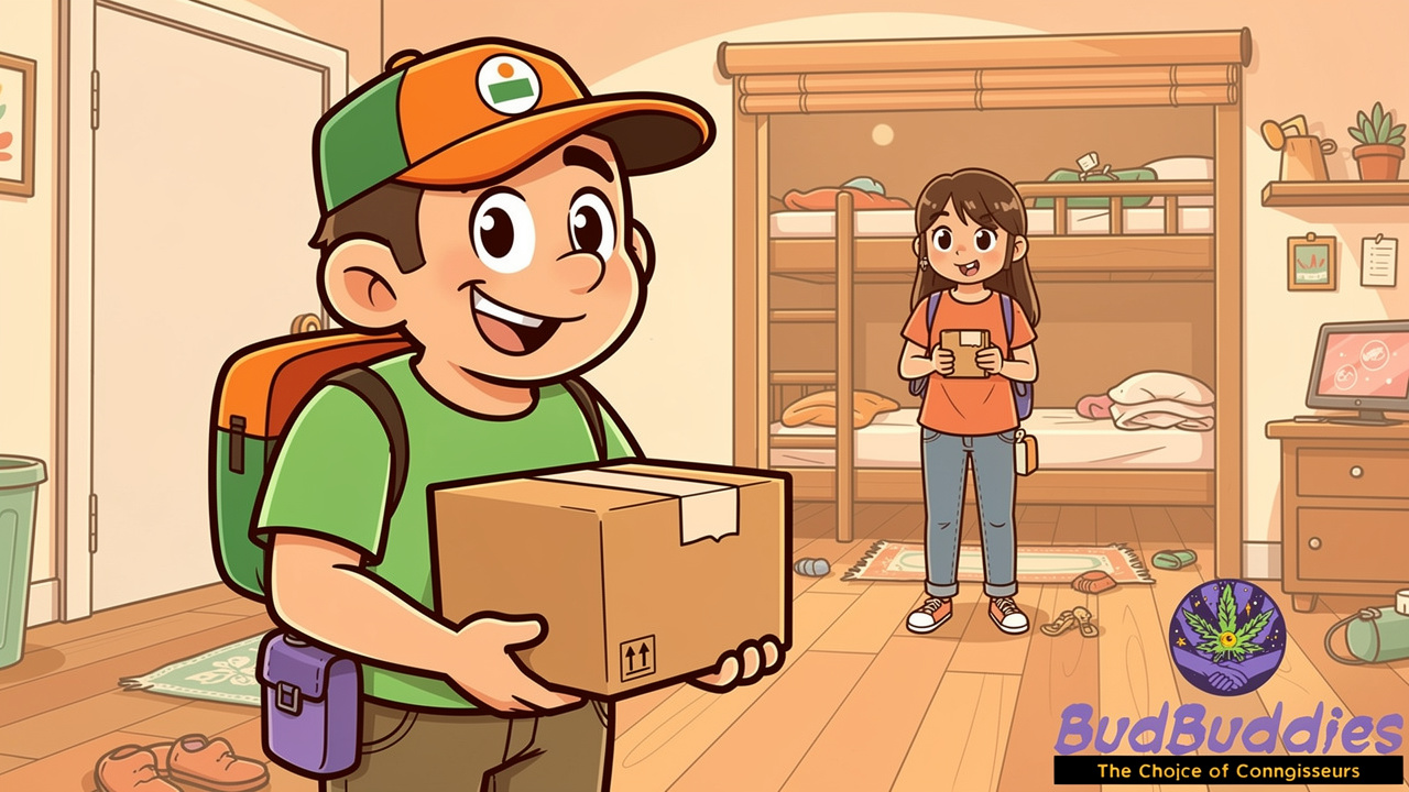 Cartoon student receiving a plain discreet delivery parcel at university halls