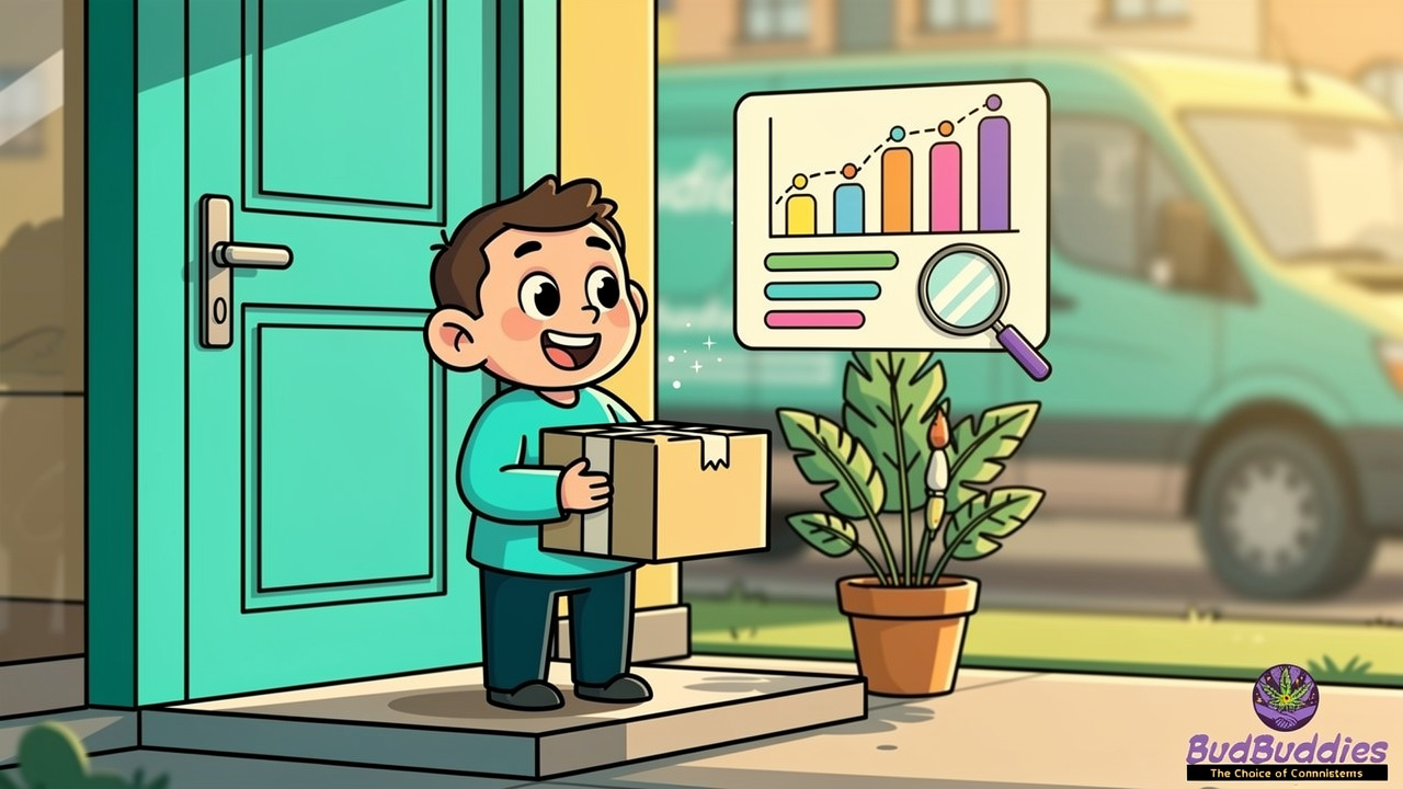 Cartoon character receiving discreet lab-tested cannabis delivery