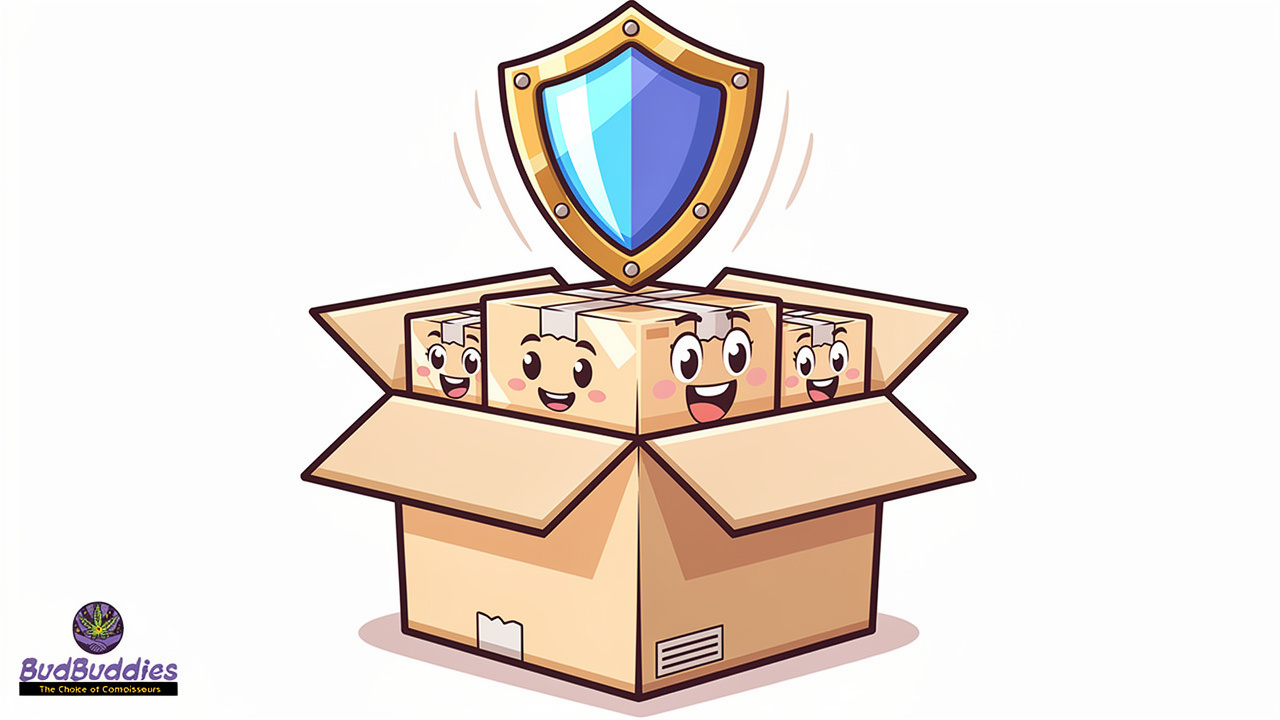 Cartoon box with layered packaging and security shield symbol
