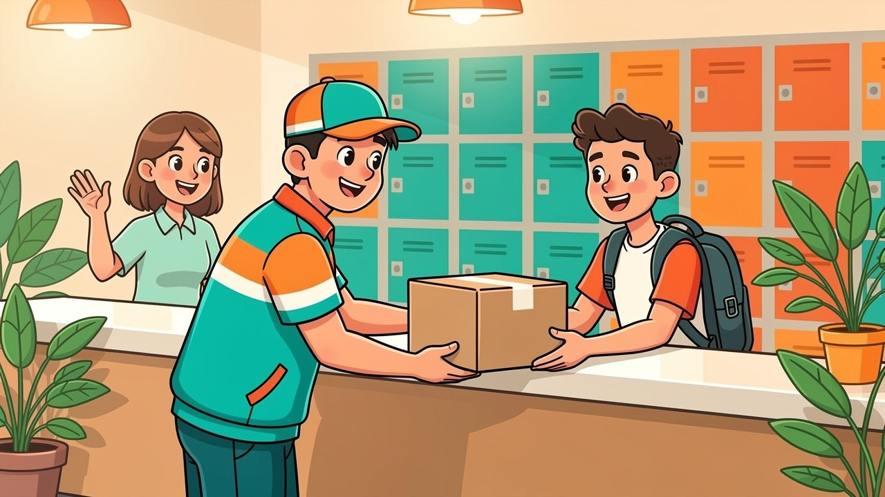 Cartoon courier handing plain discreet parcel to student at reception