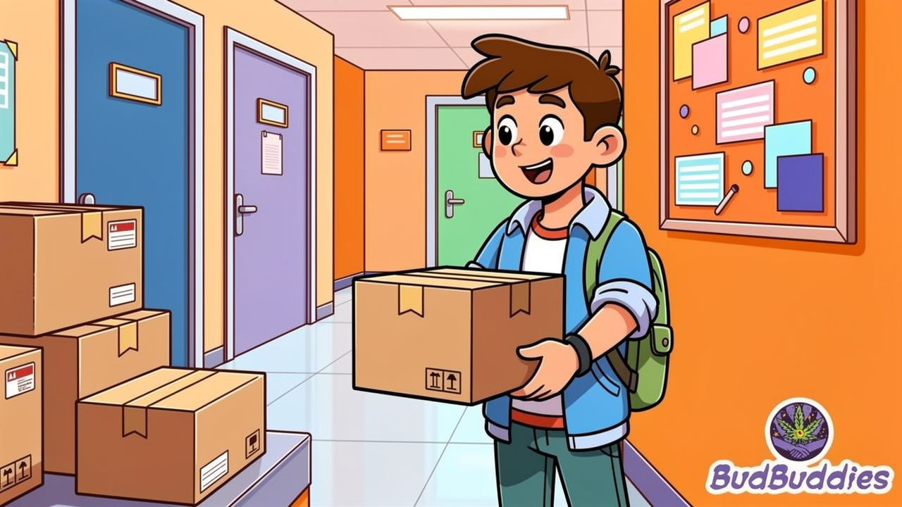 Cartoon student collecting plain unmarked parcel in halls