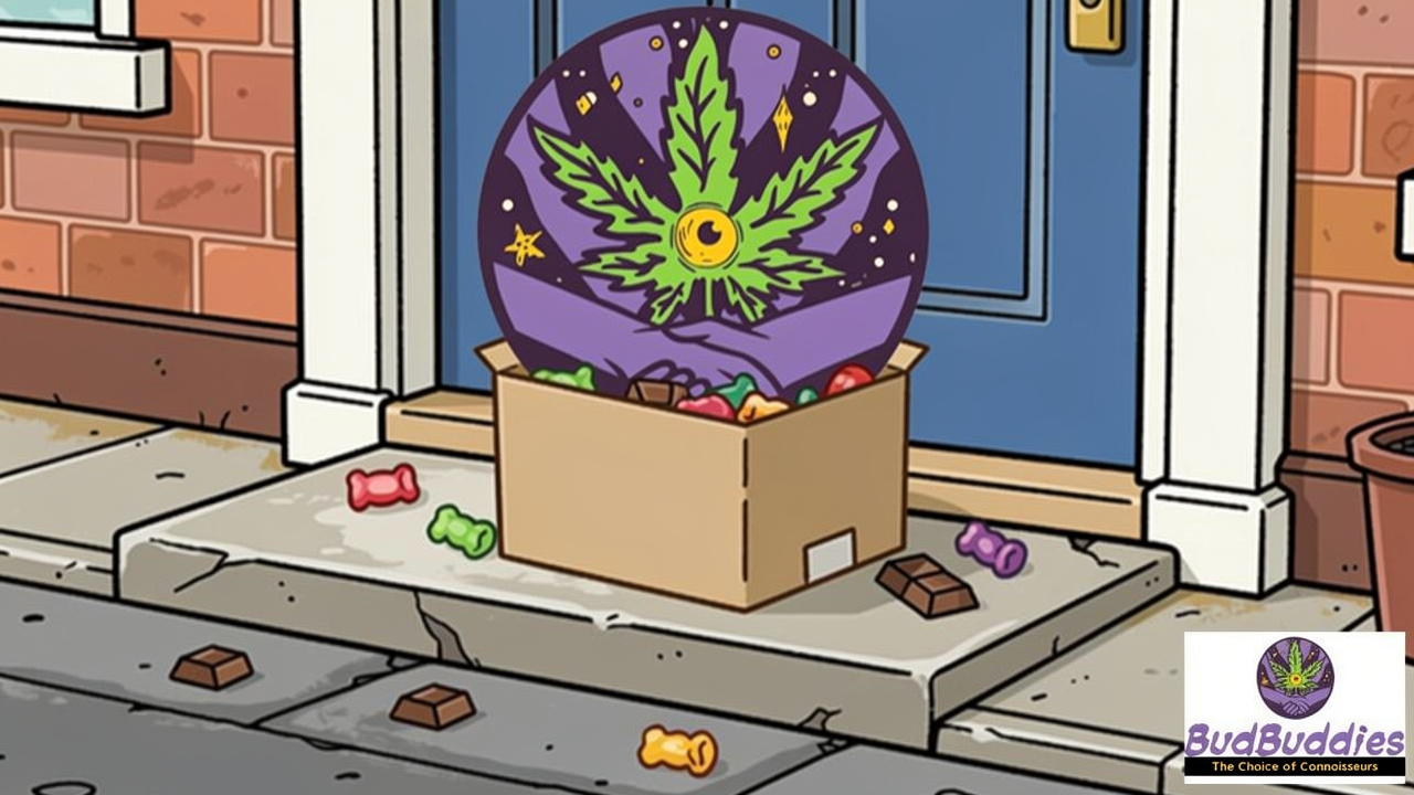 Cartoon discreet cannabis edibles delivery to UK doorstep