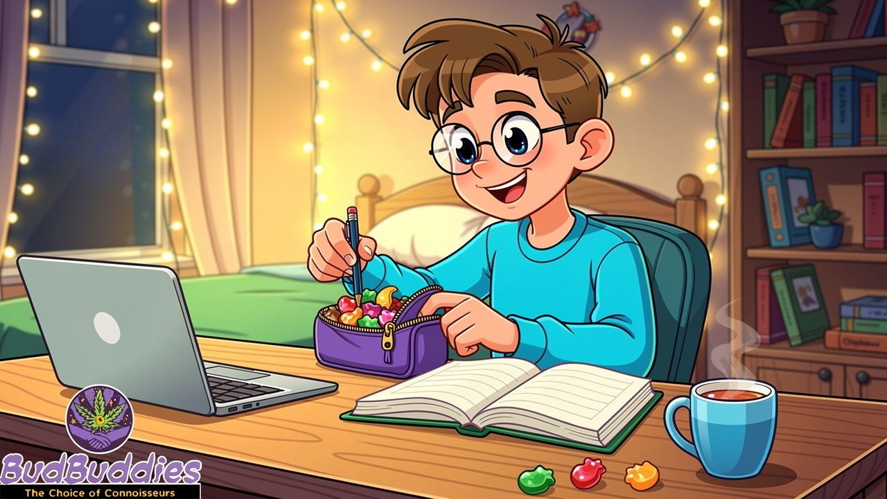 Student discreetly storing gummies in pencil case at desk