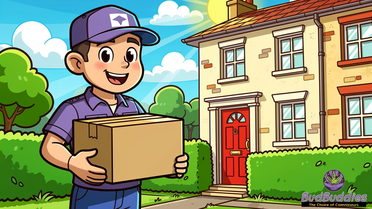Friendly delivery character bringing discreet parcel to UK home