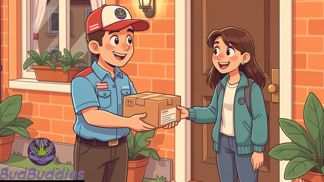 Cartoon student receiving discreet plain packaged THC oil delivery