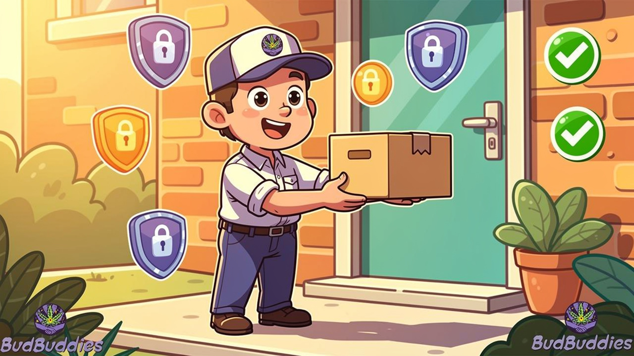 Cartoon delivery person handing over discreet parcel