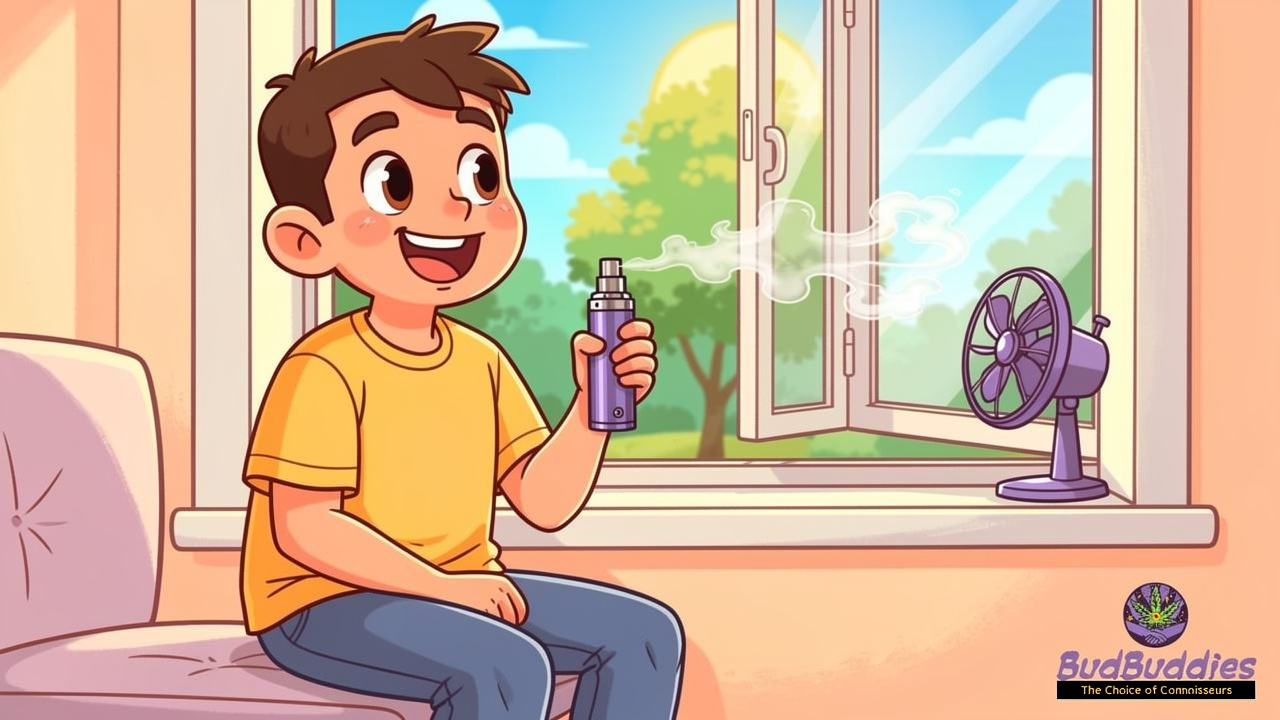 Cartoon character vaping discreetly near an open window