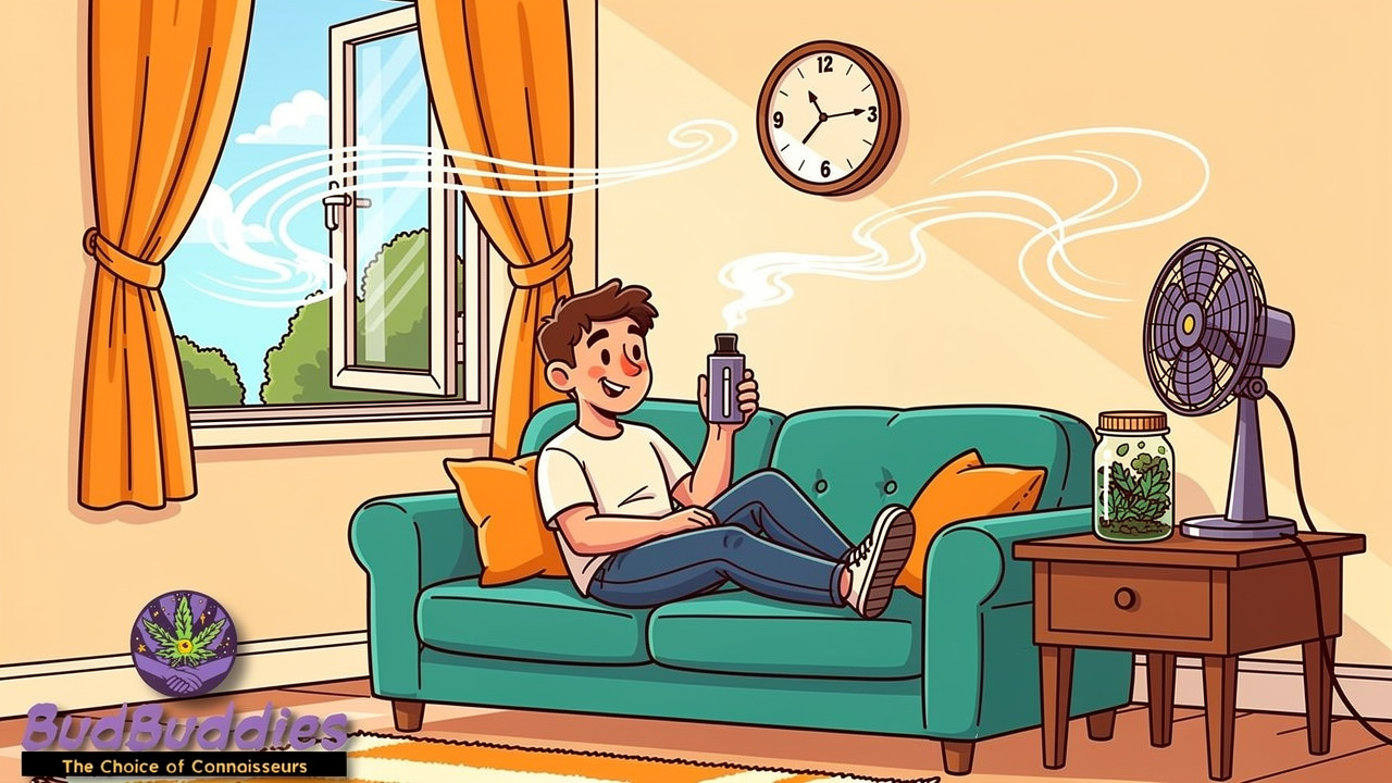 Cartoon scene of a person vaping discreetly in a cosy UK flat