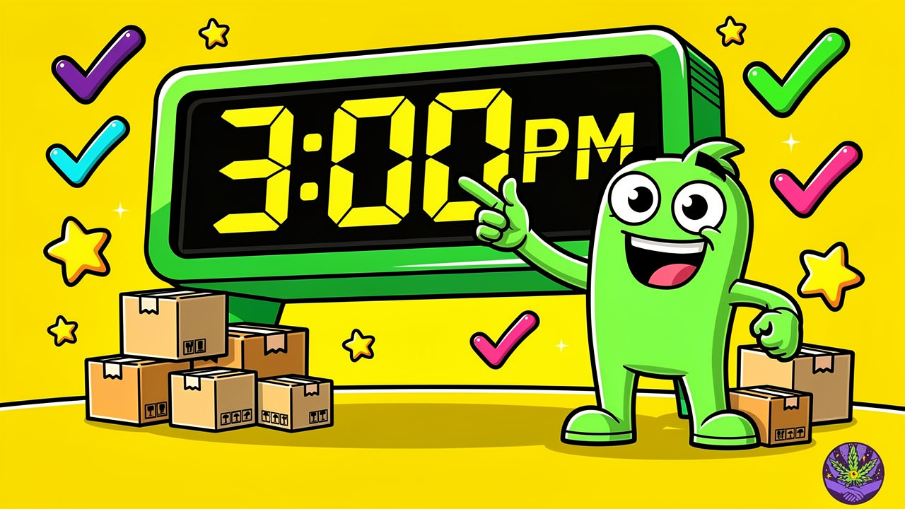 Animated character pointing at 3pm clock with dispatch packages