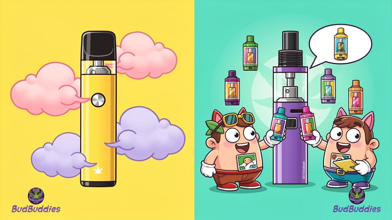 Cartoon comparison of disposable and cartridge THC vapes