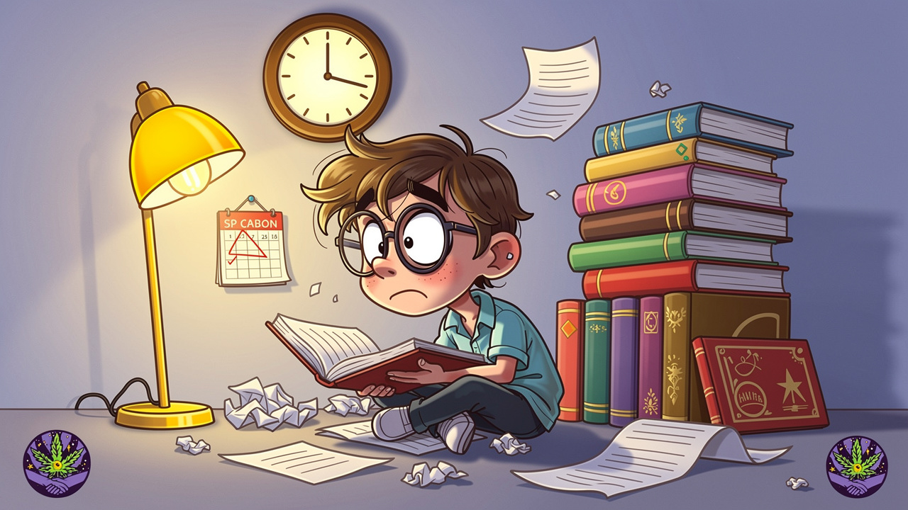 Cartoon student overwhelmed by dissertation workload and deadlines