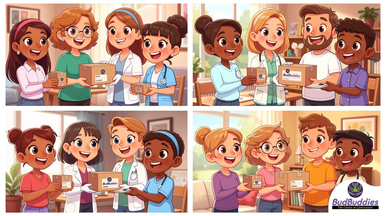 Diverse cartoon characters benefiting from discreet cannabis delivery service