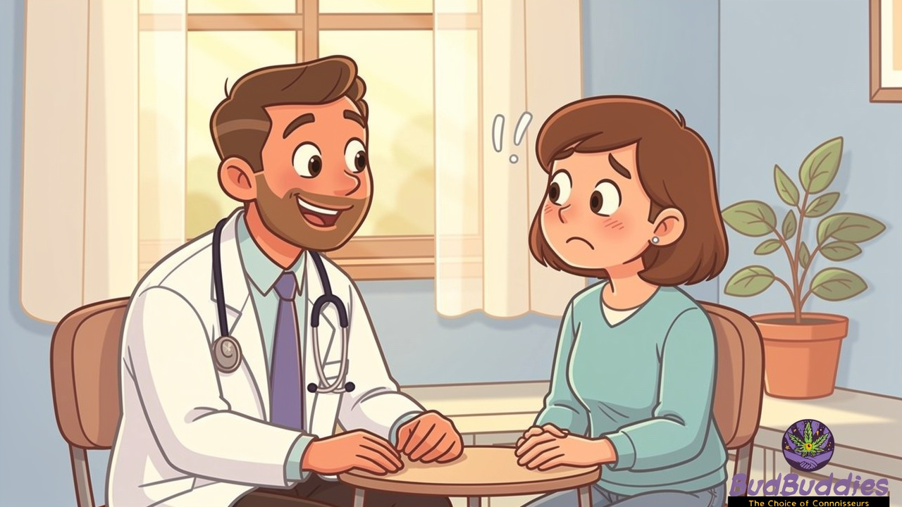 Cartoon doctor talking with patient about cannabis symptoms