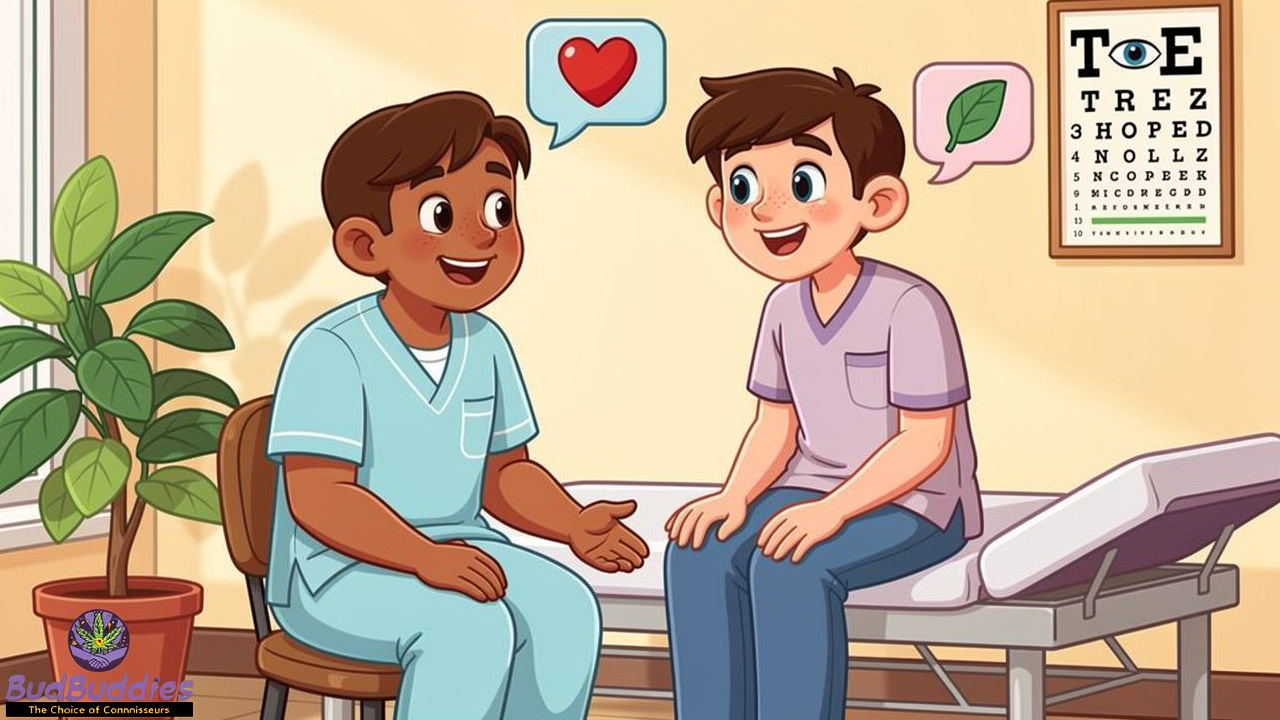 Cartoon doctor talking with patient about cannabis use