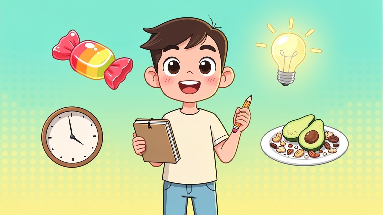 Cartoon character keeping a dosing journal for cannabis edibles