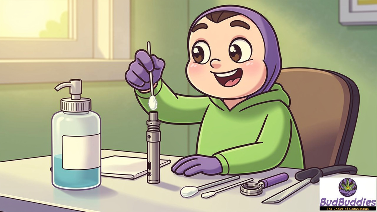 Cartoon character cleaning dry herb vape chamber regularly