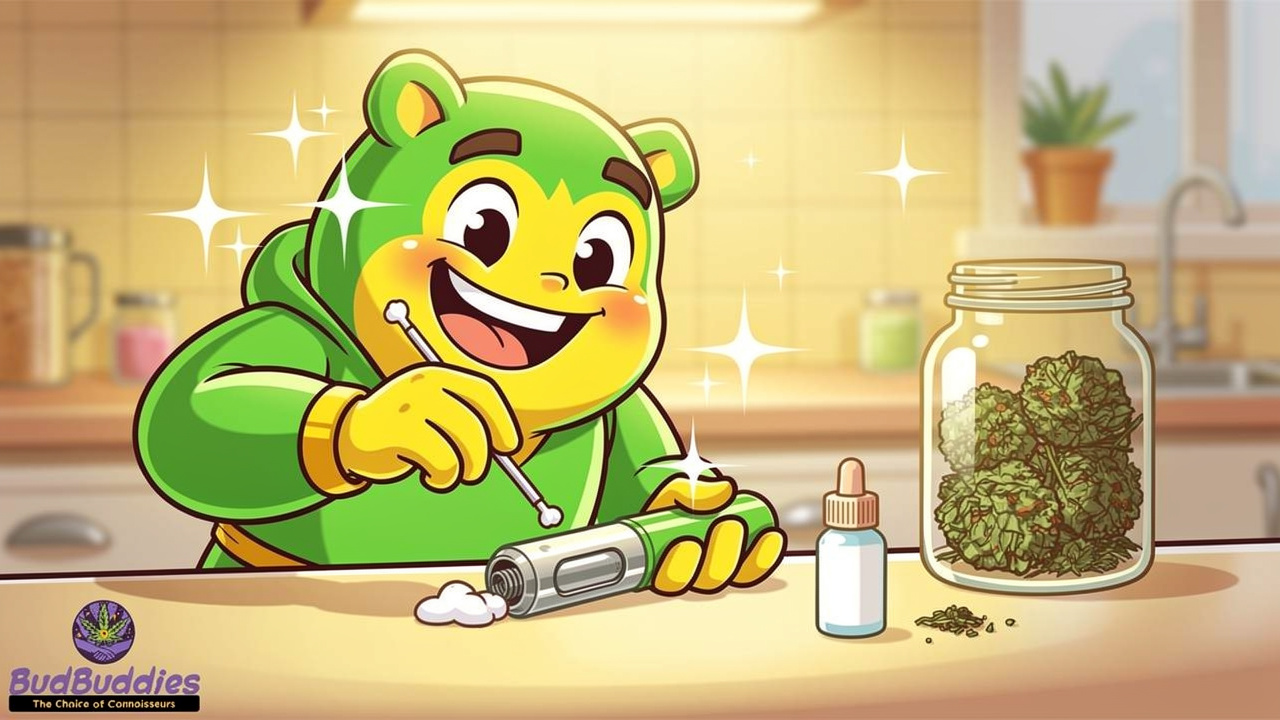 Cartoon character cleaning a dry herb vaporiser and storing herb in airtight jar