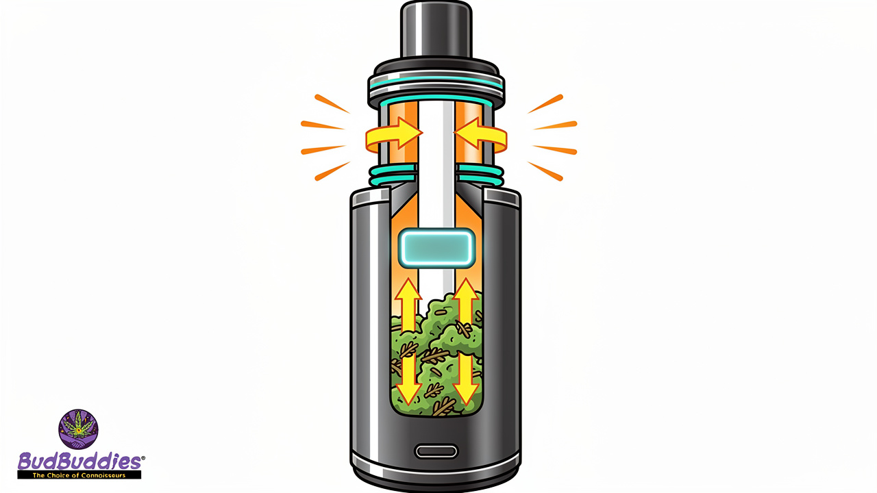 Cartoon cutaway showing the internal design of a low odour dry herb vape