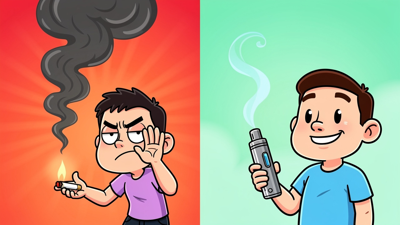 Cartoon comparing dry herb vape smell versus smoking smell