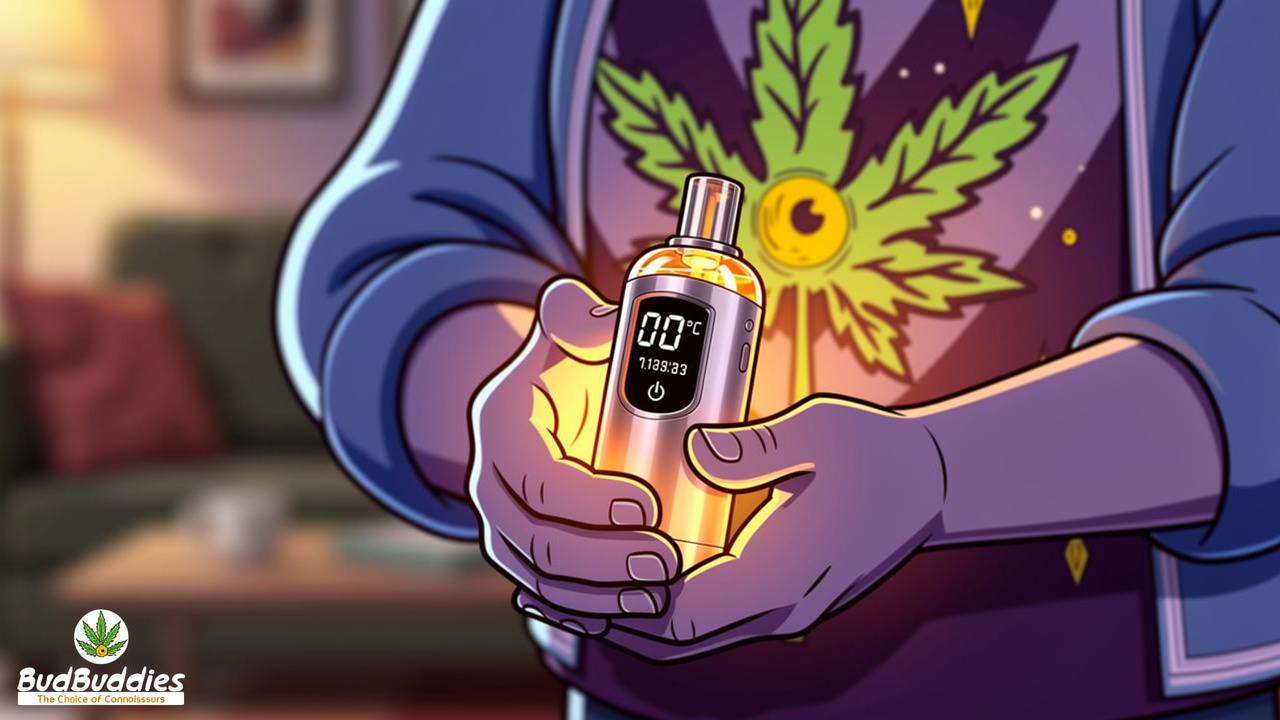 Cartoon close-up of a sleek dry herb vaporiser device