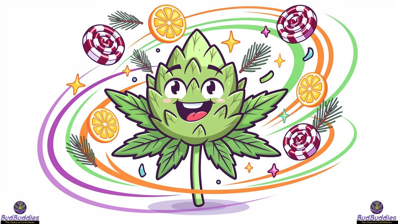 Cartoon character surrounded by liquorice and citrus scent swirls