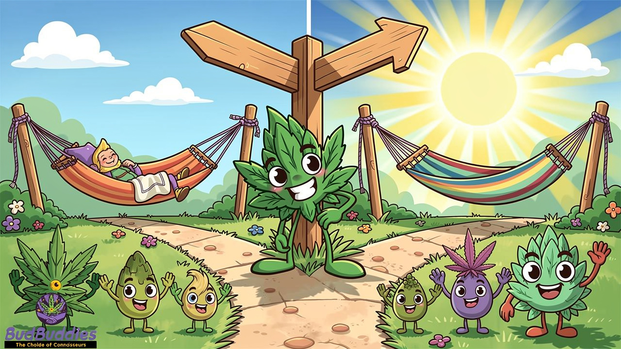 Cartoon characters comparing different sativa cannabis strains