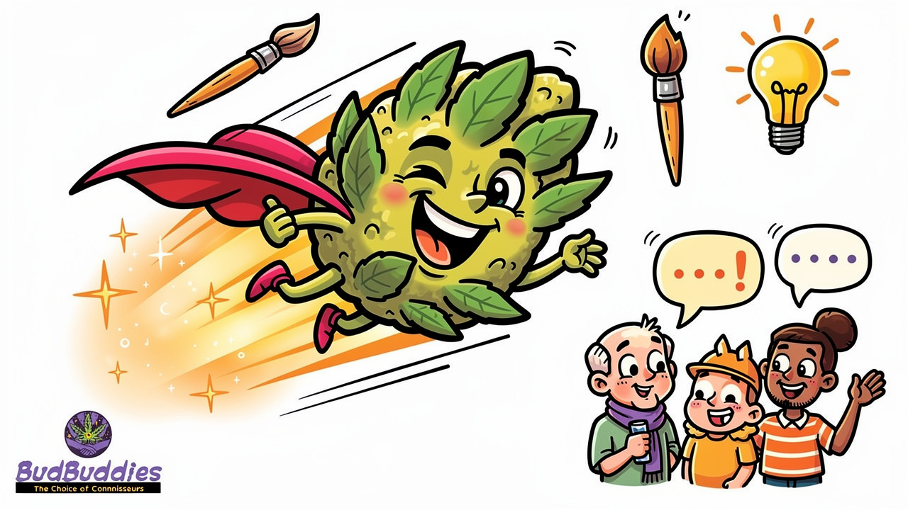 Cartoon character showing energising uplifting cannabis effects