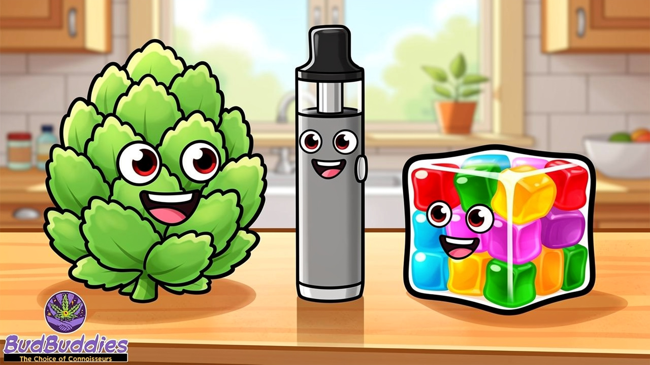 Cartoon flower, vape and edible cannabis format characters