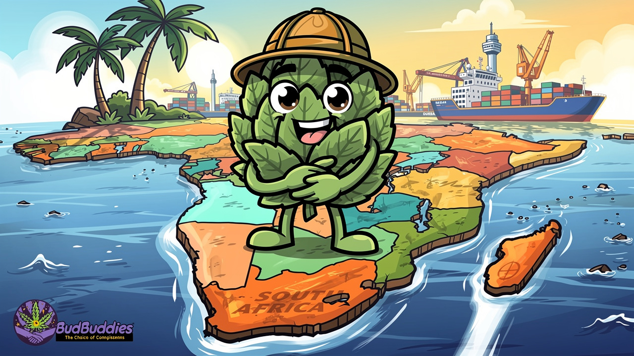Cartoon depiction of Durban Poison strain's South African origin