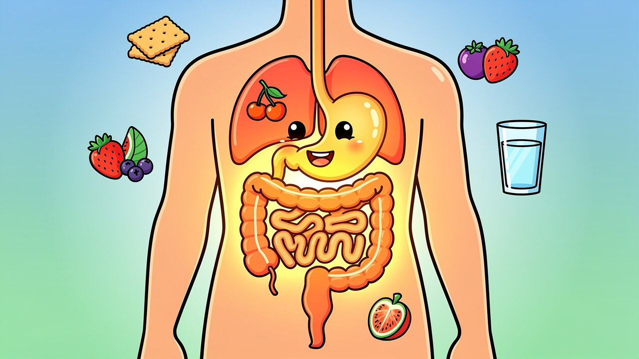 Cartoon digestive system calming down after eating a snack