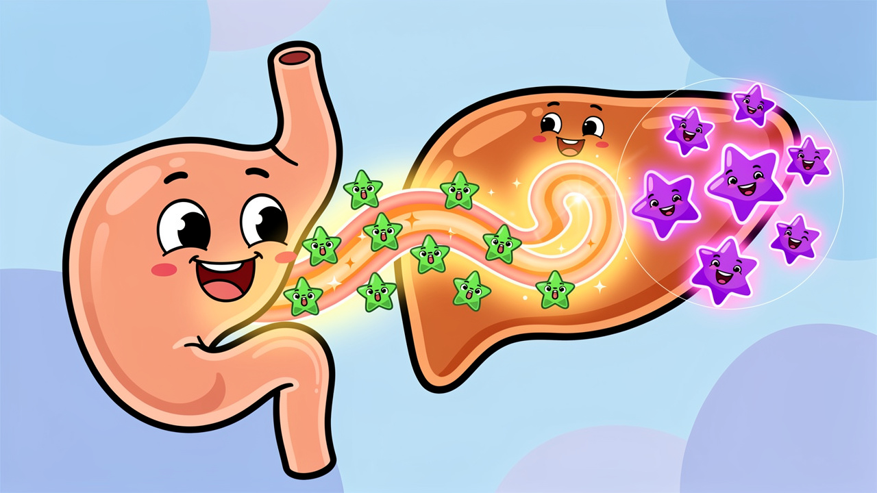 Cartoon showing how edibles travel through the digestive system