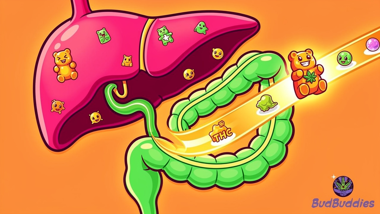 Cartoon diagram of how edibles travel through the digestive system