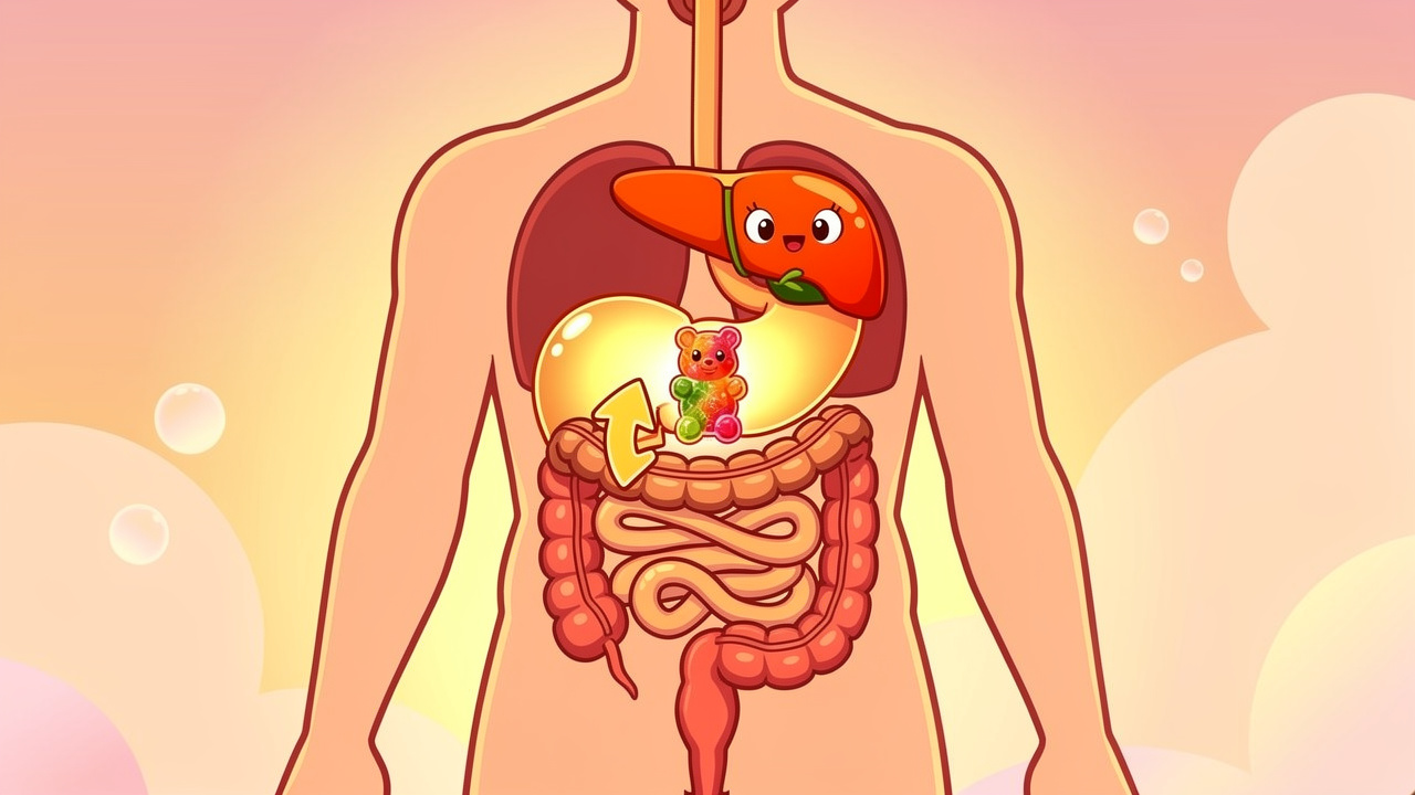 Cartoon gummy bear travelling through digestive system to liver