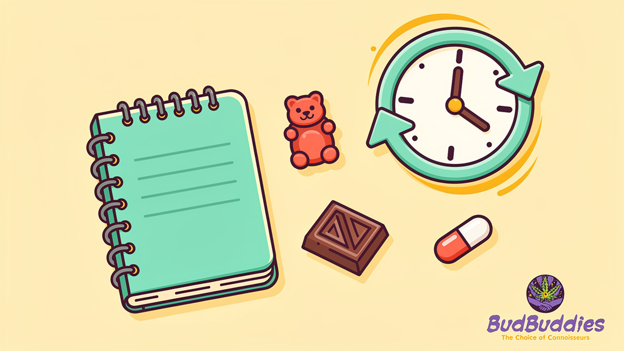 Cartoon dosing journal with gummies, chocolate and capsules laid out