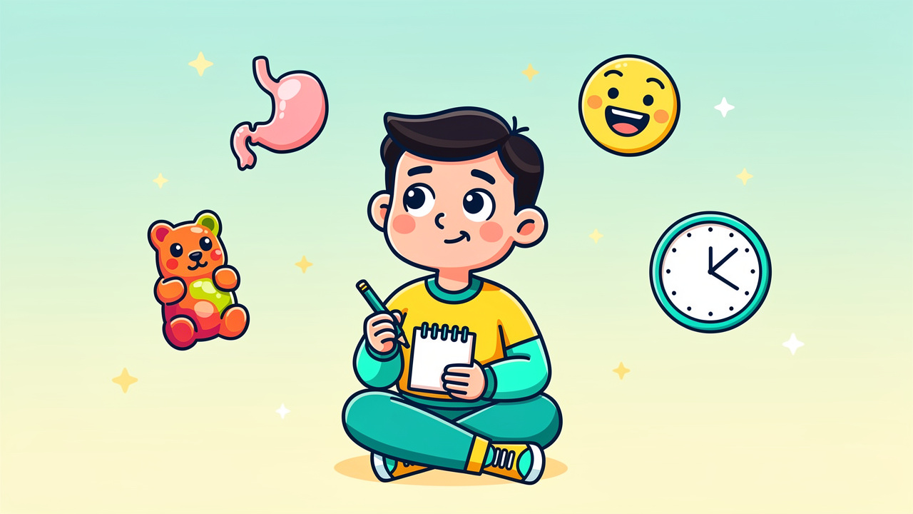 Cartoon character taking notes on edible dosing and timing