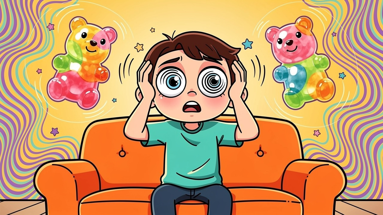 Cartoon character overwhelmed after taking too many edibles